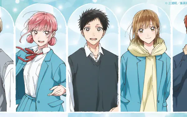 Blue Box anime 2K Quad HD PC desktop wallpaper/background showing three characters — a pink‑haired girl, a black‑haired boy, and a brown‑haired girl framed against soft blue panels.