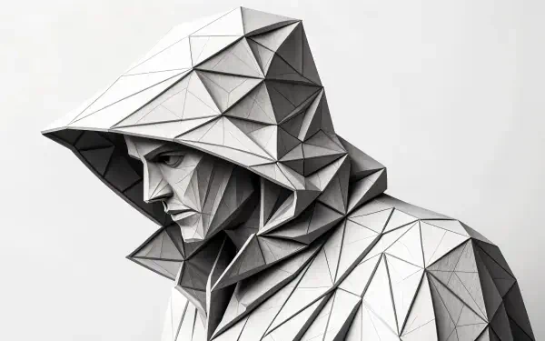 A geometric, low-poly figure in a hooded cloak, shown in profile, against a minimalist background. This 4K Ultra HD image serves as an anonymous digital wallpaper.