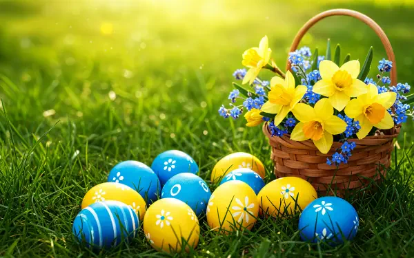 A vibrant 4K Ultra HD Easter desktop wallpaper featuring a basket of yellow flowers and colorful painted eggs resting on lush green grass.