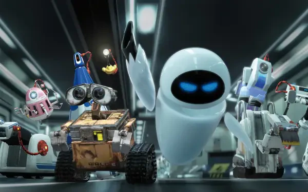 4K Ultra HD desktop wallpaper featuring Wall·E, Eve, and other robots from the movie Wall·E in a futuristic, sleek environment.