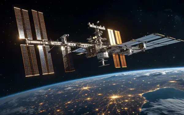The image features the International Space Station orbiting Earth, captured in stunning detail, perfect for a 4K Ultra HD PC desktop wallpaper.
