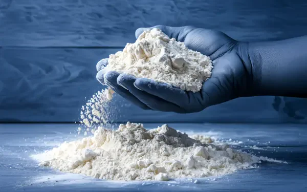 A close-up of a hand in a blue glove holding flour above a mound of flour, showcasing a clean and inviting kitchen aesthetic in this 4K Ultra HD wallpaper.