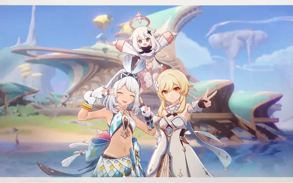 A vibrant 4K Ultra HD wallpaper featuring characters Paimon, Lumine, and Mualani from Genshin Impact, set against a whimsical background.