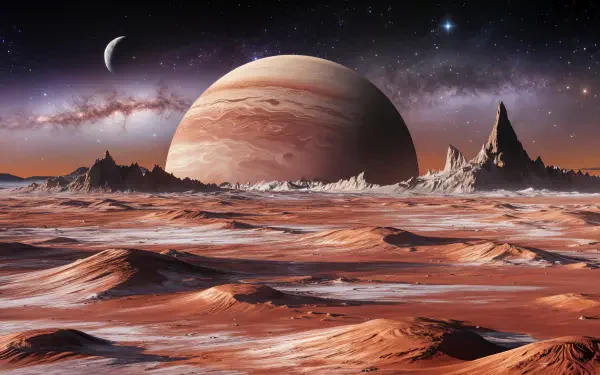 A stunning 4K Ultra HD image showcasing a distant planet with a dramatic landscape of rocky formations and rolling terrain under a starry sky, creating an otherworldly atmosphere.