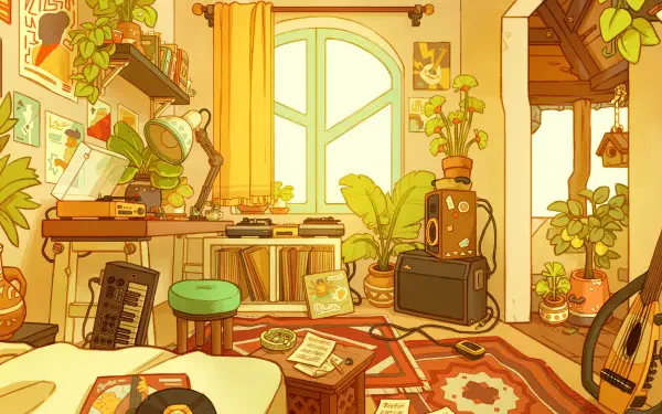 A cozy lofi bedroom filled with plants, warm yellow light, and vintage decor, featuring a desk with records, a guitar, and a comfortable vibe, creating an inviting atmosphere.