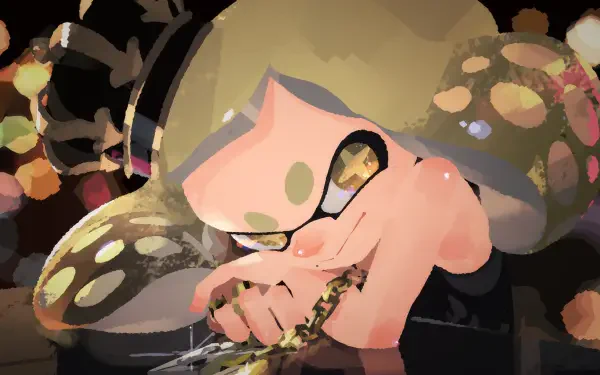 Splatoon 3 HD PC desktop wallpaper/background: close-up of an Octoling with headphones and glowing eyes holding a microphone, surrounded by colorful ink splatters.