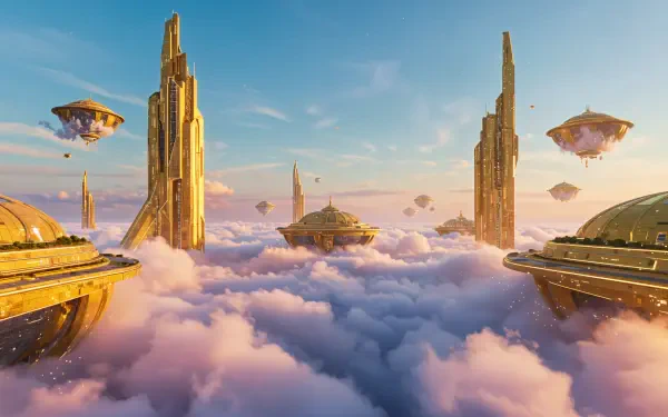 A stunning 4K Ultra HD wallpaper depicting futuristic floating buildings amidst fluffy clouds, bathed in warm sunlight, offering a serene and imaginative atmosphere.
