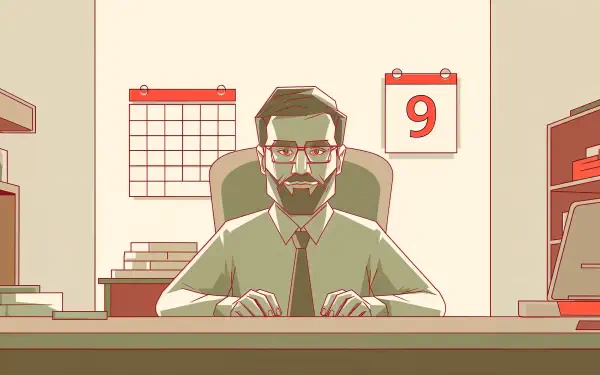 A stylized illustration of a man sitting at a desk in an office environment, featuring a calendar marked with 9, representing a 9 to 5 job. 4K Ultra HD desktop wallpaper.