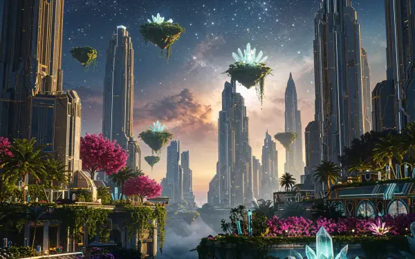 A stunning 4K Ultra HD wallpaper depicting a magical realm with soaring skyscrapers, vibrant flora, and floating islands under a starry sky. Captivating and colorful fantasy landscape.