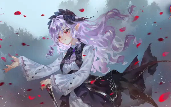 A vibrant HD wallpaper featuring Vivian from Zenless Zone Zero, showcasing her with flowing hair and a dramatic outfit, surrounded by falling petals against a misty background.