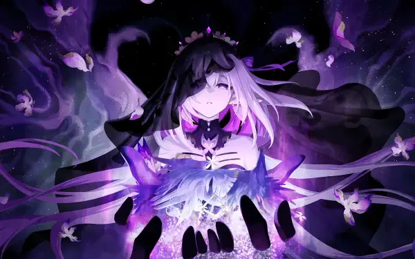 A captivating 4K Ultra HD desktop wallpaper featuring Castorice from Honkai: Star Rail, surrounded by a mystical purple aura and ethereal elements, embodying the game's anime art style.