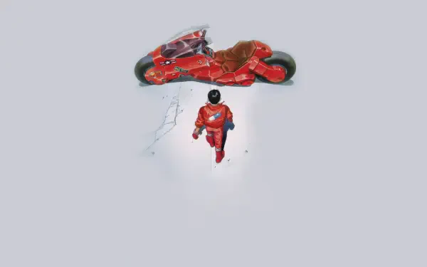 A vibrant 4K Ultra HD wallpaper featuring iconic anime character Kaneda from Akira, standing beside his red motorcycle against a minimalist background.