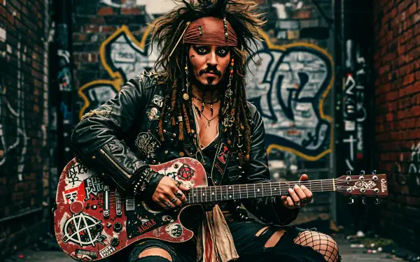 4K Ultra HD desktop wallpaper featuring Jack Sparrow playing a decorated guitar in an urban alley with graffiti-covered walls.