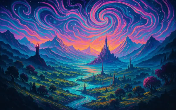 Vibrant 4K Ultra HD Middle Earth landscape with swirling night sky, glowing castle, winding river, and surrounding mountains, rendered as a fantasy PC desktop wallpaper.
