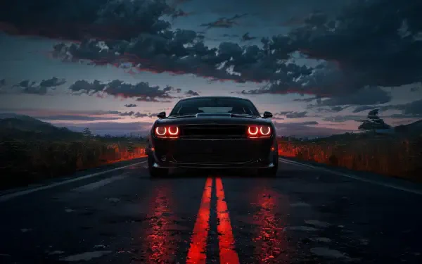 A Dodge Challenger with glowing headlights on a wet, dark road under a dramatic cloudy sky, captured in striking 4K Ultra HD detail.