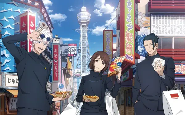 4K Ultra HD PC desktop anime wallpaper of Jujutsu Kaisen featuring Satoru Gojo, Suguru Geto and Shoko Ieiri in a lively Osaka street, eating takoyaki.