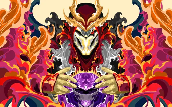 4K Ultra HD esports wallpaper featuring a fierce assassin character styled with vibrant flames and intricate armor, inspired by G2 Esports themes.