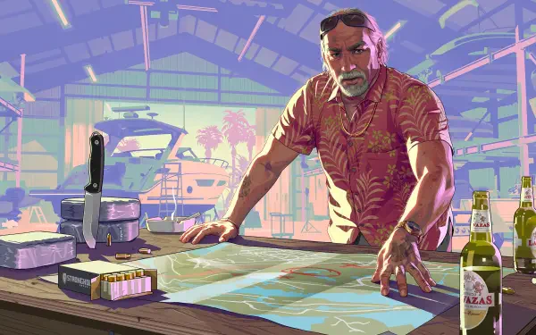 4K Ultra HD Grand Theft Auto VI wallpaper featuring a man in a tropical shirt planning over a map in a sunlit garage with various items like beer bottles and equipment around.