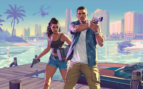 4K Ultra HD Grand Theft Auto VI wallpaper showing two armed characters standing by a waterfront with palm trees, helicopters, and city skyscrapers in the background.