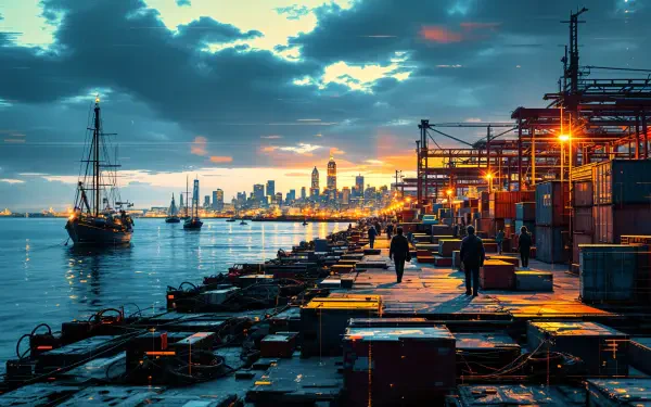 4K Ultra HD desktop wallpaper showing a vibrant port at dusk with cargo containers, dock workers, ships, and a city skyline under a dramatic sky.