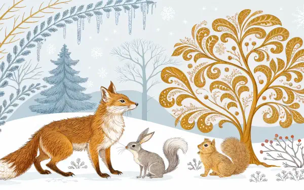 4K Ultra HD desktop wallpaper featuring winter animals—a fox, rabbit, and squirrel—set in a snowy forest with frosted trees and delicate icicles.