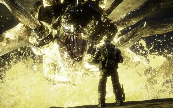 A dramatic 4K Ultra HD PC wallpaper from Gears of War: Reloaded, featuring a lone soldier facing a giant, glowing insect-like creature in an intense battle scene.