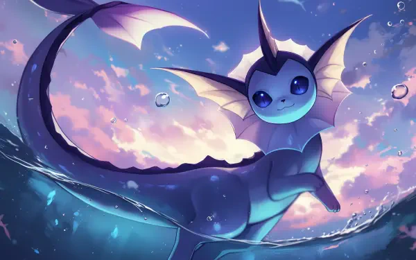 HD desktop wallpaper featuring a shiny Vaporeon, a water-type Eeveelution Pokémon, swimming gracefully with dynamic water and sky elements.