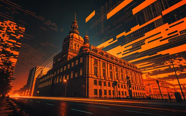 A 4K Ultra HD digital glitch artwork featuring a historic building with orange and black pixelated distortions on a PC desktop wallpaper.