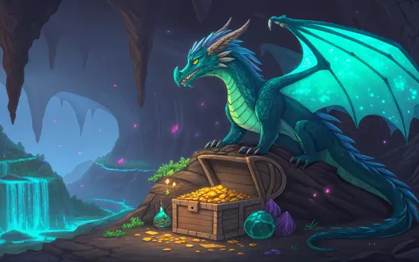 A majestic blue dragon guards a glowing treasure chest inside a mystical cave, rendered in stunning 4K Ultra HD for a vivid PC desktop wallpaper experience.