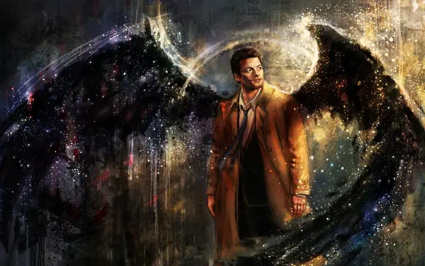 HD desktop wallpaper of Castiel from Supernatural, depicted as a dark angel with glowing black wings against a cosmic, mystic background.