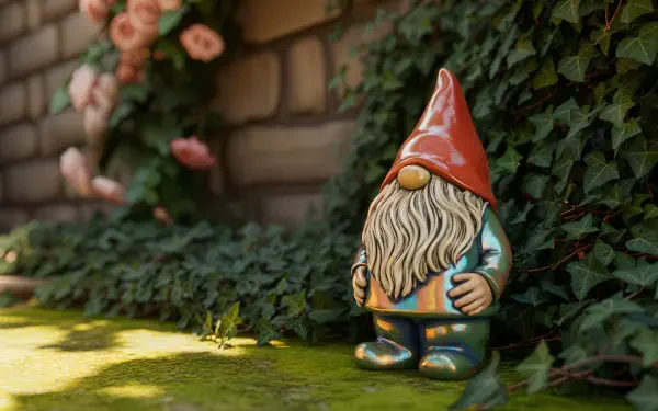 A vibrant garden gnome stands beside green ivy and pink flowers, captured in stunning detail for a 4K Ultra HD PC desktop wallpaper.