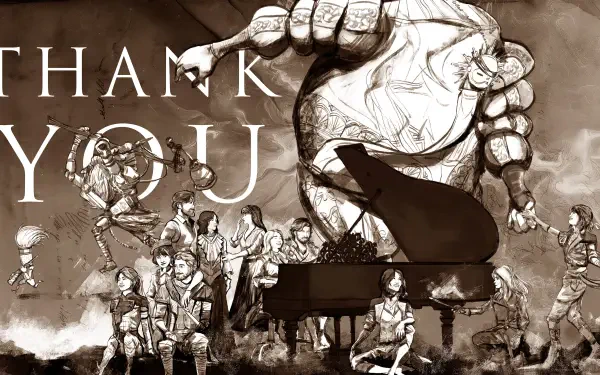 Sepia-toned 4K Ultra HD PC desktop wallpaper from the video game Clair Obscur: Expedition 33, featuring characters and a grand piano under a giant hand with Thank You text.