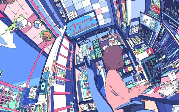 Anime-style lofi bedroom scene featuring a person programming at a cluttered desk filled with multiple monitors and tech gear, rendered as an HD PC desktop wallpaper.
