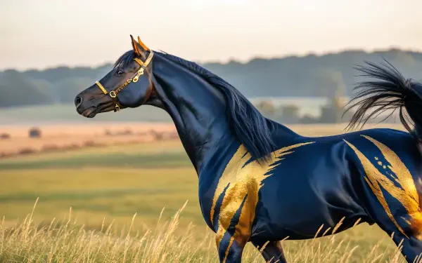 4K Ultra HD wallpaper of a majestic mare with a glossy black coat and golden markings standing in a grassy field under a soft, muted sky.