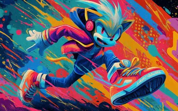 Vibrant, artistic Sonic the Hedgehog in dynamic pose with colorful streaks, designed as an HD PC desktop wallpaper celebrating video game and gaming art.