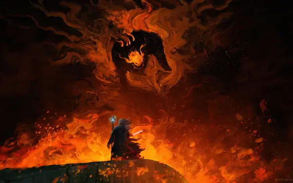 4K Ultra HD wallpaper depicting Gandalf facing the fiery Balrog from The Lord of the Rings, engulfed in intense flames and dark smoke.
