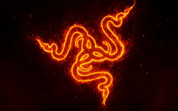 Glowing fiery Razer logo in vibrant orange against a dark background, designed as a 4K Ultra HD PC desktop wallpaper and background.