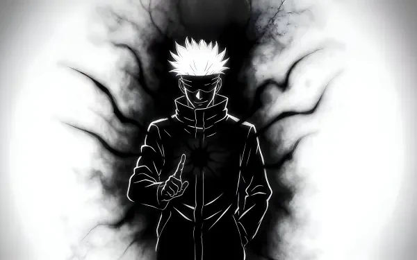 Anime-style 8K Ultra HD wallpaper featuring Satoru Gojo from Jujutsu Kaisen, depicted in a dark, shadowy silhouette with dynamic black energy swirling behind him.