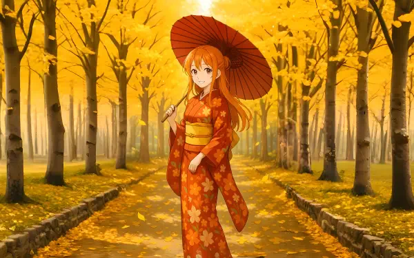 Anime-style 8K Ultra HD wallpaper of Nami from One Piece, standing in a golden autumn forest holding a red umbrella, surrounded by vibrant yellow leaves.