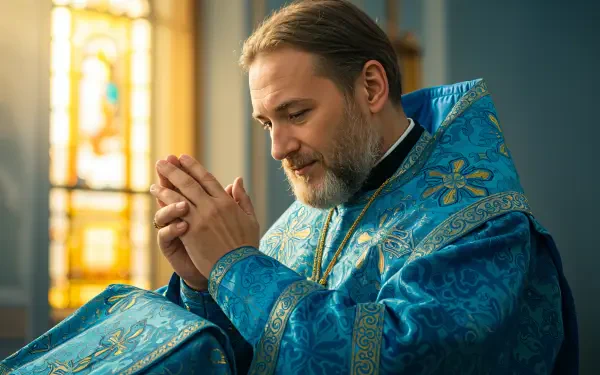 A priest in ornate blue robes praying inside a church, captured in stunning 4K Ultra HD for a PC desktop wallpaper.