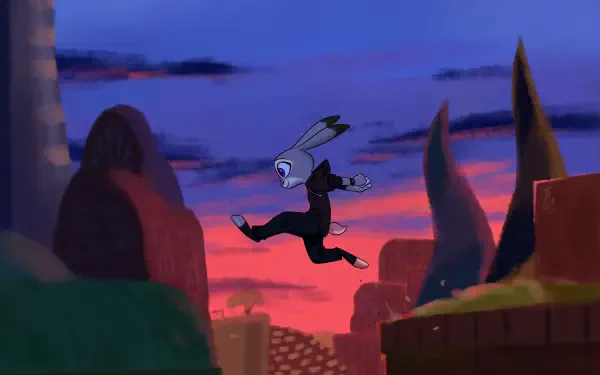HD PC desktop wallpaper featuring Judy Hopps from the TV show Zootopia, captured mid-jump against a vibrant sunset cityscape background.