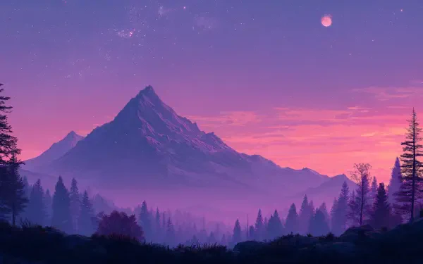 4K Ultra HD desktop wallpaper of a mountain at dawn, with a vivid purple and pink sky and silhouetted trees in the foreground.