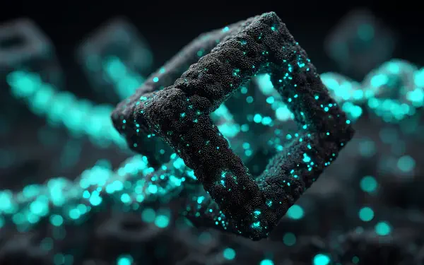 4K Ultra HD PC desktop wallpaper depicting a digital blockchain structure with interconnected glowing nodes and a futuristic, high-tech aesthetic.