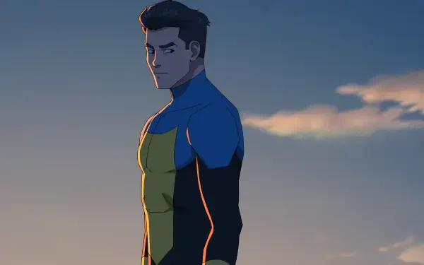 Mark Grayson from the TV show Invincible stands against a dusky sky in a detailed 8K Ultra HD PC desktop wallpaper and background.