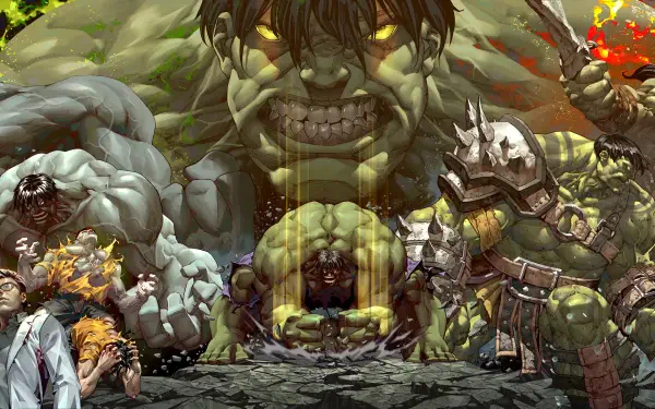 HD Marvel Comics desktop wallpaper featuring Bruce Banner and multiple Hulk characters in an intense, action-packed comic-style scene.