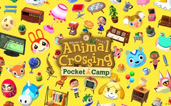 Animal Crossing: Pocket Camp 4K Ultra HD PC wallpaper showing the game logo surrounded by cheerful animal villagers, furniture and campsite items on a bright yellow background.