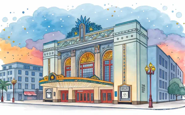 Illustration of a grand theater building at sunset, detailed in vibrant colors, designed as a 4K Ultra HD PC desktop wallpaper and background.