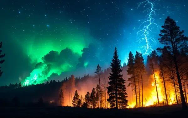 4K Ultra HD desktop wallpaper showing a dramatic wildfire blazing through a forest under a northern lights sky with lightning striking in the background.