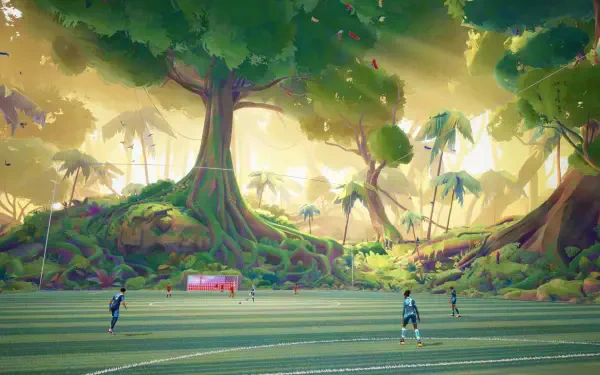 HD PC desktop wallpaper from the video game REMATCH, showcasing a vibrant, lush forest with massive trees and small figures on a field under soft, golden sunlight.