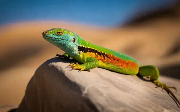 A vibrant green and orange lizard rests on a sunlit rock with a blurred natural background, captured in stunning detail as a 4K Ultra HD PC desktop wallpaper.